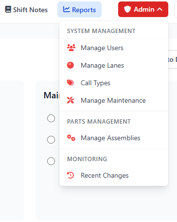Admin dropdown menu showing system management options